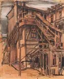 Corneliu Baba, Case vechi din Iași, 1948, creioane colorate, cărbune, tempera, acuarelă pe hârtie