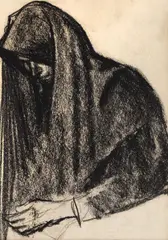 Studiu pentru Pieta (Rugă) by Corneliu Baba, cărbune pe hârtie, sold May 2023