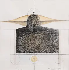 Biserica by Sorin Dumitrescu, 2001, acuarelă, creion, cărbune și serigrafie pe hârtie, sold May 2023