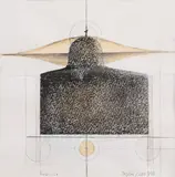 Sorin Dumitrescu, Biserica, 2001, acuarelă, creion, cărbune și serigrafie pe hârtie