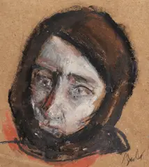 Portret de țărancă (Vitoria Lipan) by Corneliu Baba, guașă, ceracolor și cărbune pe hârtie lipită pe carton, sold May 2023