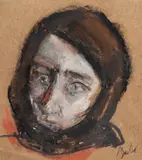 Corneliu Baba, Portret de țărancă (Vitoria Lipan), guașă, ceracolor și cărbune pe hârtie lipită pe carton