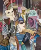 Măști by Petre Velicu, ulei pe pânză, sold May 2023