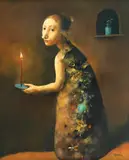La femme à la chandelle by Georges Mazilu, acrilic pe pânză, sold May 2023