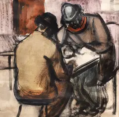 După muncă by Corneliu Baba, acuarelă și creion pe hârtie lipită pe carton, sold May 2023