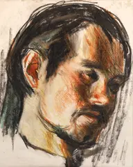 Mocan by Corneliu Baba, creioane colorate, cărbune și accente de acuarelă pe hârtie lipită pe carton, sold May 2023