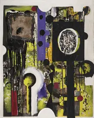 Florin Maxa, Semnale, 1967, ulei, colaj textil și dripping pe pânză lipită pe placaj