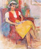 Lectură by Ion Musceleanu, 1987, ulei pe pânză lipită pe carton, sold May 2023