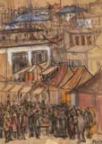 Corneliu Baba, Târg la Iași, tempera, tuș, creioane colorate, cărbune și creion pe hârtie
