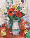 Vas cu anemone by Ion Musceleanu, 1989, ulei pe pânză lipită pe carton, sold May 2023