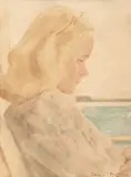 Nelly Ştiubei, Pe gânduri, acuarelă și creion pe hârtie