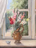 Elena Müller-Stăncescu, Gladiole la fereastră, ulei pe hârtie lipită pe carton