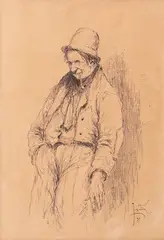 Constantin Jiquidi, Bărbat cu pipă, 1897, peniță pe hârtie