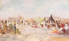 Târg de duminică by Constion, ulei pe carton, sold Apr 2023