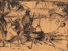 Stefan Popescu, La un ceaun, 1921, tuș pe hârtie