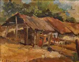 Gospodărie țărănească by Rudolf Schweitzer–Cumpăna, ulei pe carton, sold Apr 2023