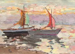 Pavel Mercea, Vele în larg, 1970, ulei pe carton