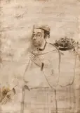 Vânzătorul de flori by Sorin Ilfoveanu, 1987, laviu pe hârtie, sold Apr 2023
