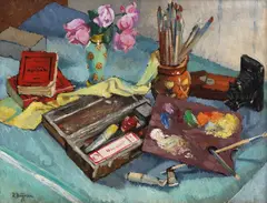 Radu Drăgoescu, Natură statică de atelier, ulei pe carton
