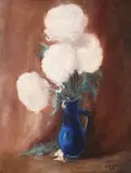 Canceu cu crizanteme albe by Leon Biju, ulei pe carton, offered Apr 2023