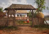 În fața casei by Ion Doboşariu, ulei pe carton, sold Apr 2023