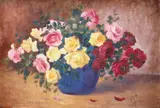 Trandafiri by Eugenia Filotti Atanasiu, ulei pe carton, sold Apr 2023