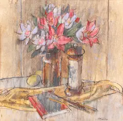 Mihai Mănescu, Natură statică cu crini și pensule, pastel și cărbune pe hârtie