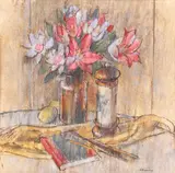 Mihai Mănescu, Natură statică cu crini și pensule, pastel și cărbune pe hârtie