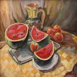 Carol Hübner, Natură statică cu pepene roșu și ulcior, 1977, ulei pe placaj