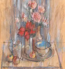 Mihai Mănescu, Natură statică cu garofițe roz și ceașcă de cafea, pastel și cărbune pe hârtie
