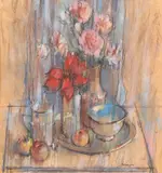 Mihai Mănescu, Natură statică cu garofițe roz și ceașcă de cafea, pastel și cărbune pe hârtie