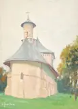 Curtea mănăstirii Sf. Nicolae din Suceava by Constantin Isachie Popescu, ulei pe carton, offered Apr 2023