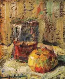 Natură statică cu măr și pahar cu vin by Rudolf Schweitzer–Cumpăna, ulei pe carton, sold Mar 2023