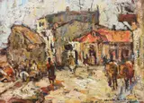 Târg la Bacău by Rudolf Schweitzer–Cumpăna, ulei pe carton, sold Mar 2023