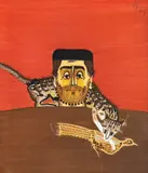 Sorin Ilfoveanu, Bărbat cu pisică, 2009, acrilic pe pânză