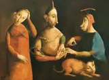 Georges Mazilu, Famille avec chien, acrilic pe pânză