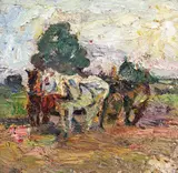 Odihna cailor by Rudolf Schweitzer–Cumpăna, ulei pe carton, sold Mar 2023