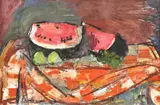 Natură statică cu pepeni și struguri by Alexandru Ciucurencu, 1945, ulei pe carton, offered Mar 2023