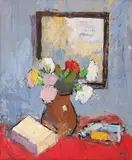 Natură statică cu garoafe și cărți by Alexandru Ciucurencu, 1946, ulei pe carton, offered Mar 2023