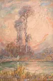Apus pe lac by Kimon Loghi, ulei pe carton, sold Mar 2023