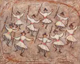 Călușari by Magdalena Rădulescu, 1979, ulei pe pânză, sold Mar 2023