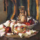 Natură statică cu ulcior, ștergar și mere by Leon Biju, ulei pe carton, offered Mar 2023