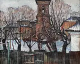 Marius Bunescu, Peisaj cu biserica Radu Vodă, ulei pe carton
