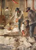 Lucrători în construcții by Nicolae Vermont, ulei pe lemn, sold Mar 2023