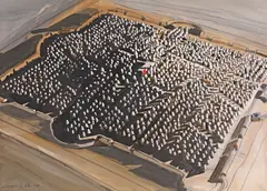 La Ville by Horia Damian, 1981, creion și guasă pe carton, sold Feb 2023