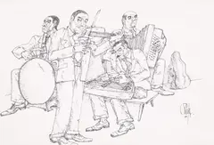Constantin Piliuță, Lăutari, 1984, tuș pe hârtie