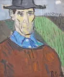 Autoportret by Constantin Piliuță, sfârșitul anilor '60, ulei pe pânză lipită pe carton, sold Feb 2023