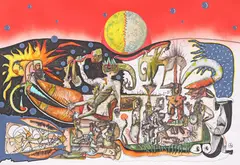 Gabriel Caloian, Compoziție fantastică, acuarelă și tușuri colorate pe hârtie