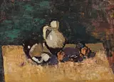 Natură statică cu ulcele și nuci by Alexandru Ciucurencu, prima jumătate a anilor '40, ulei pe carton, sold Feb 2023
