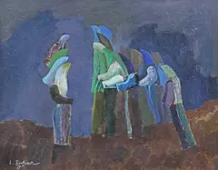 Femei din Vicov by Liviu Suhar, 1979, ulei pe pânză, offered Feb 2023